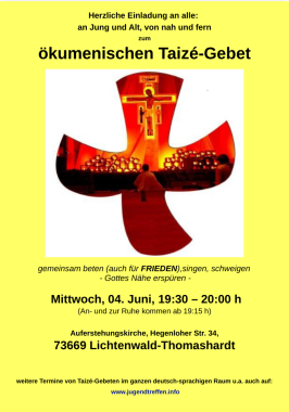 ökumenisches Taizé-Gebet in Lichtenwald, besonderer Gottesdienst, Lichtenwald, Baden-Württemberg